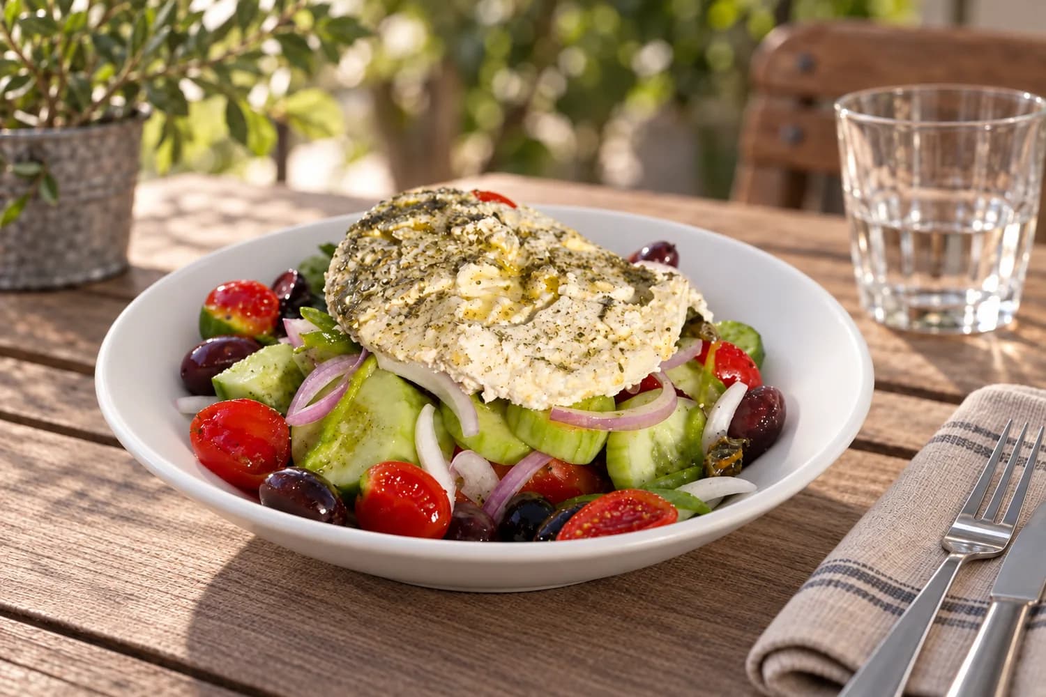 La même salade grecque transformée par iA-food : lumière douce et décor de terrasse, prête pour Uber Eats